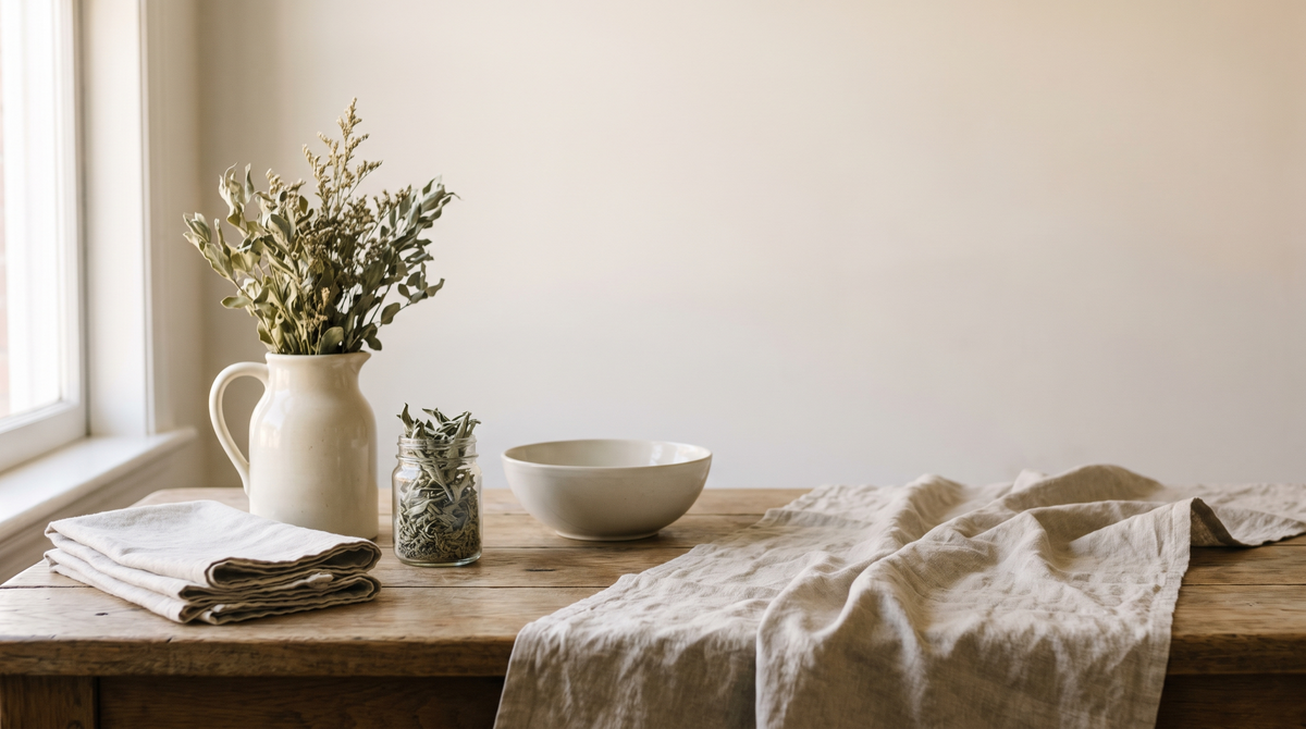 Alder Kitchen closing banner, linen and ceramics on an oak table