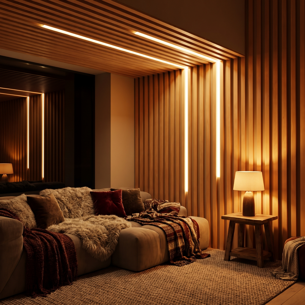 Wood slat feature wall behind a sofa at night