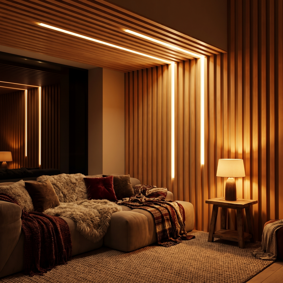 Wood slat feature wall behind a sofa at night
