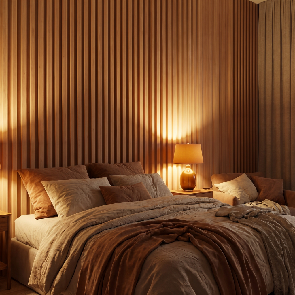 Wood slat panelling behind a bed