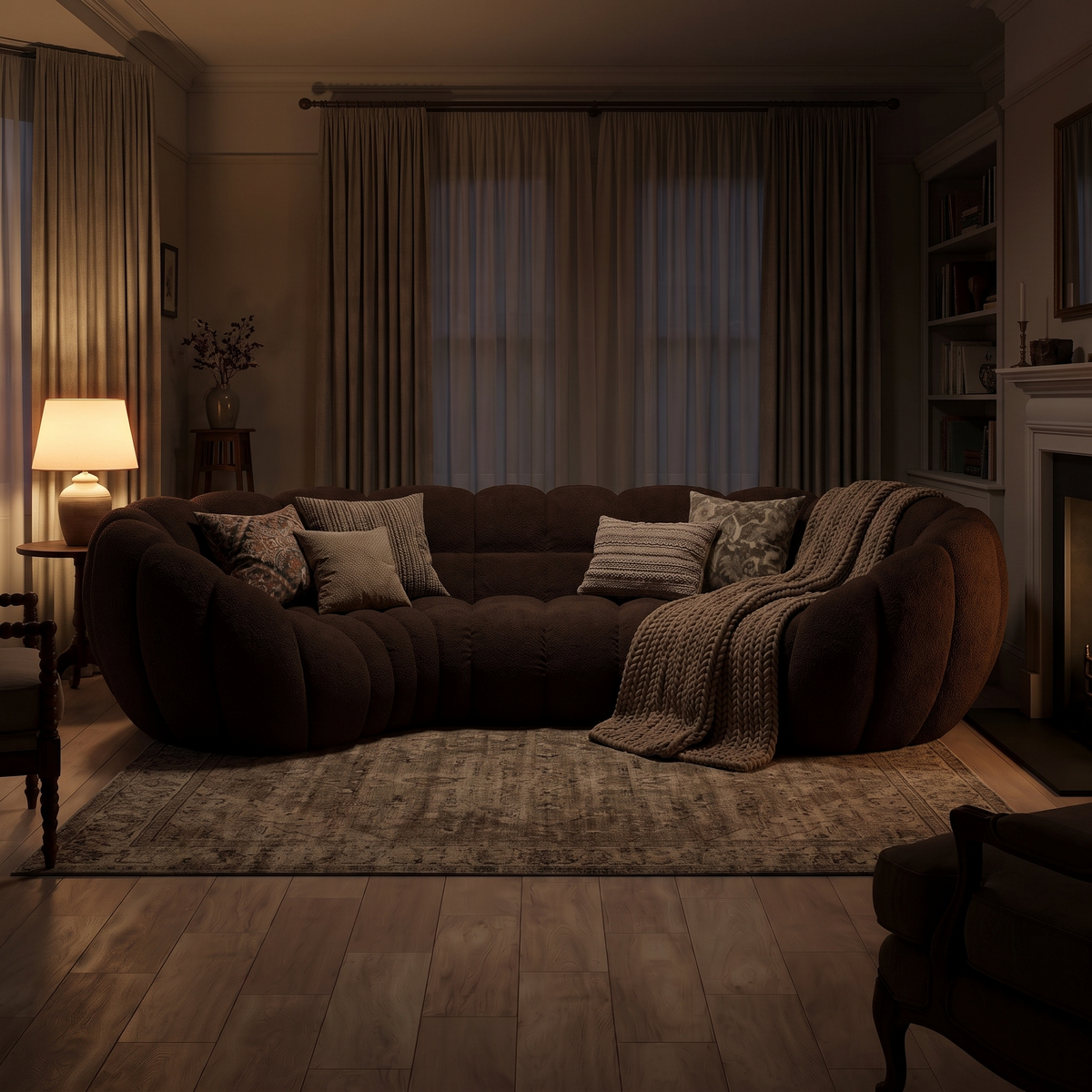 Havana sofa in a lived in living room at dusk