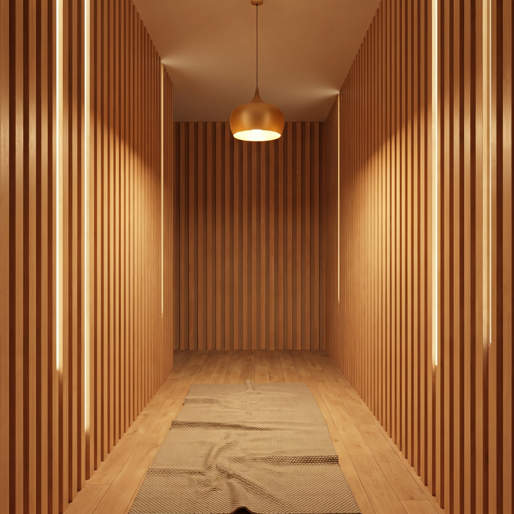 Wood slat panelling in a hallway