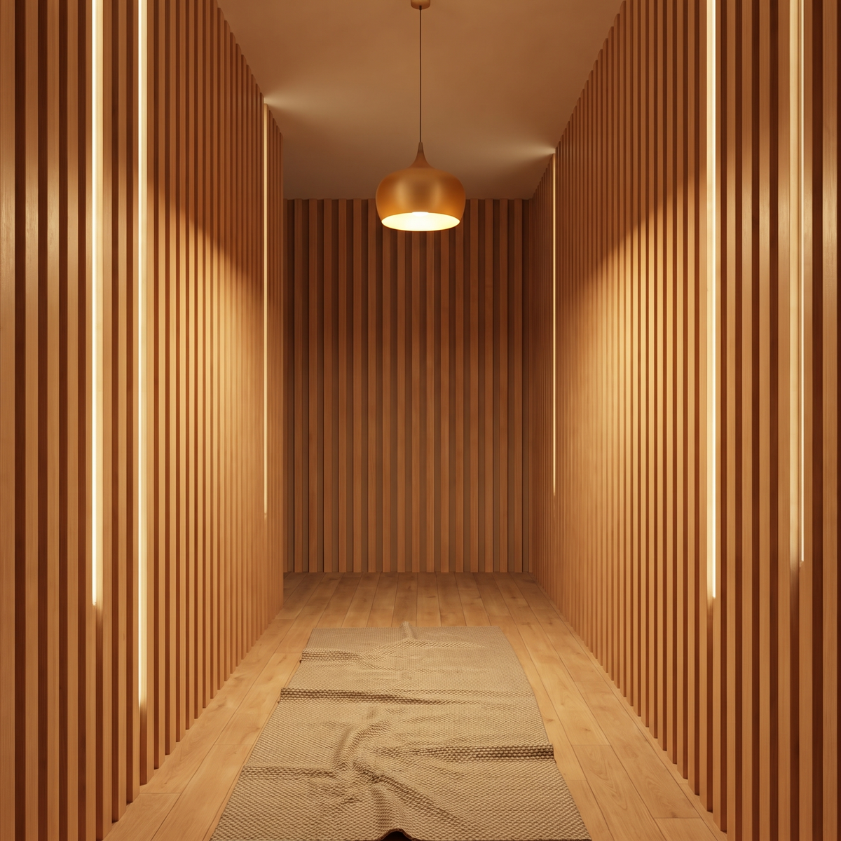 Wood slat panelling in a hallway