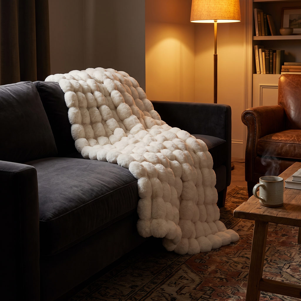 Faux fur throw across a sofa in the evening