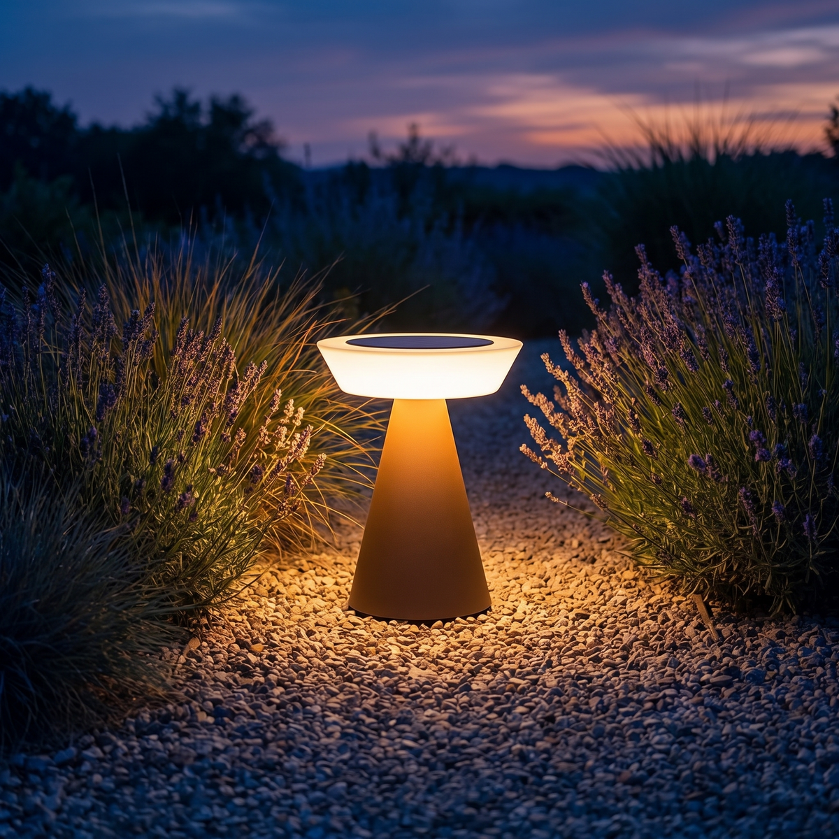 Solar lamp glowing on a gravel path at dusk