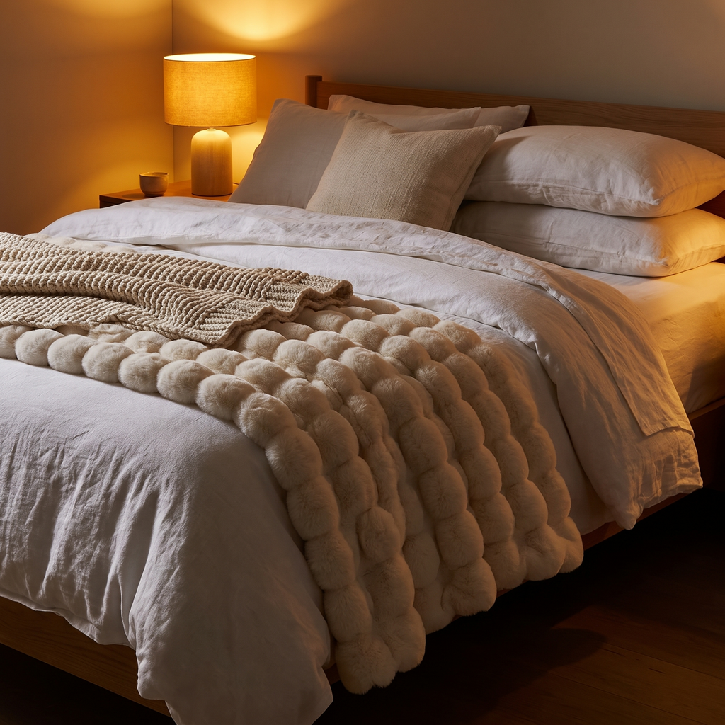 Faux fur throw across a bed at night
