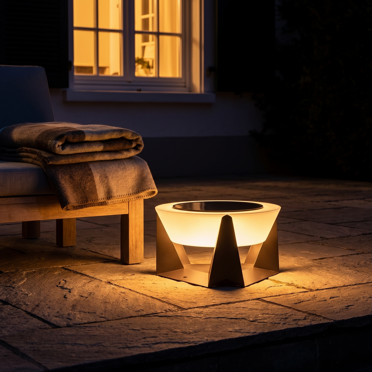 Solar lamp on a stone patio at night