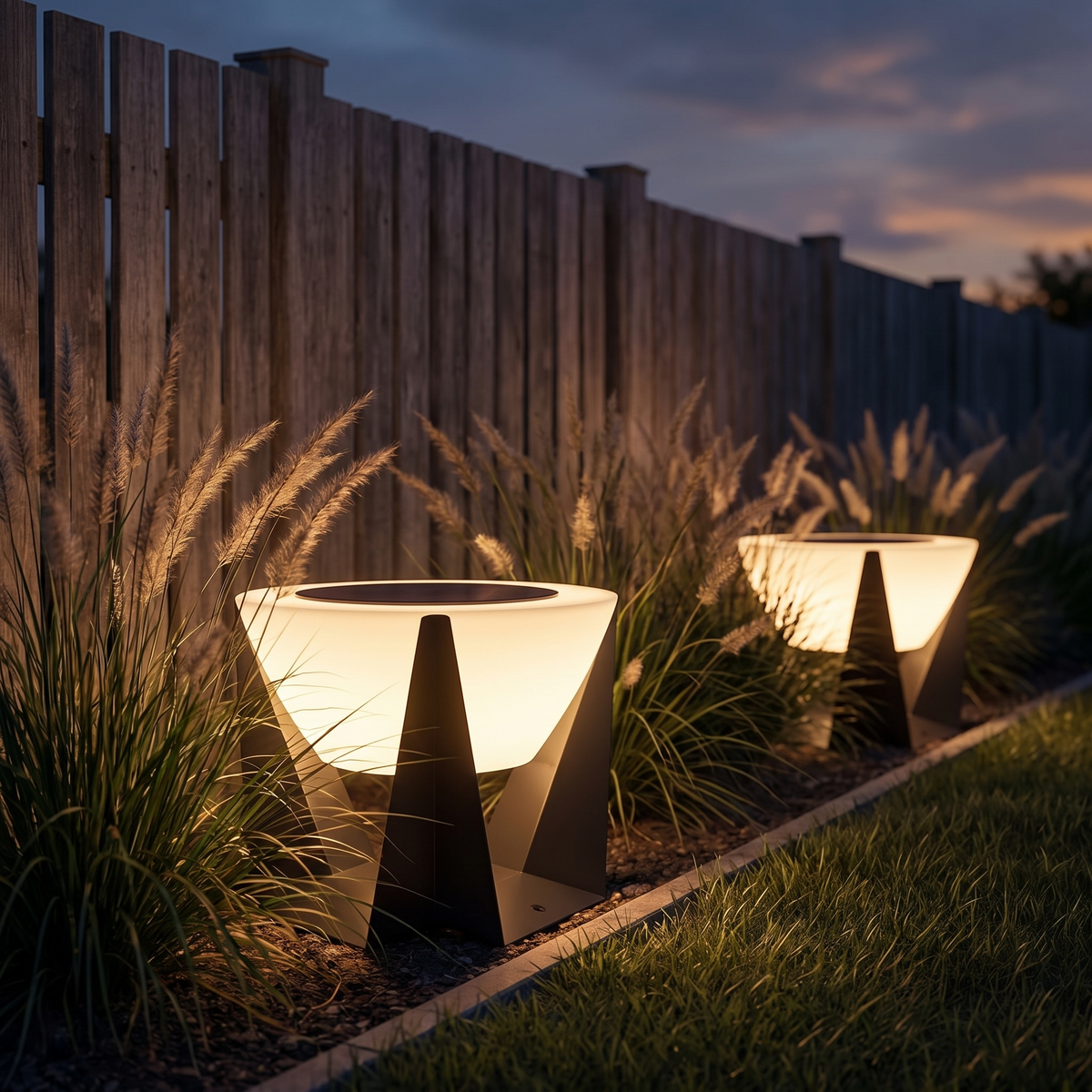 Two solar lamps lining a garden border at dusk