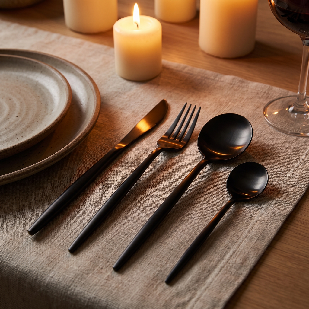 Cutlery place setting by candlelight