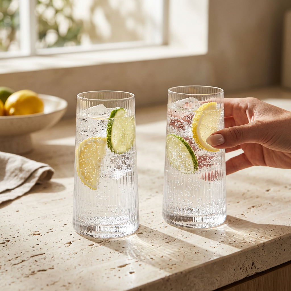 Wincombe Ribbed Hi Ball Glasses with iced drinks