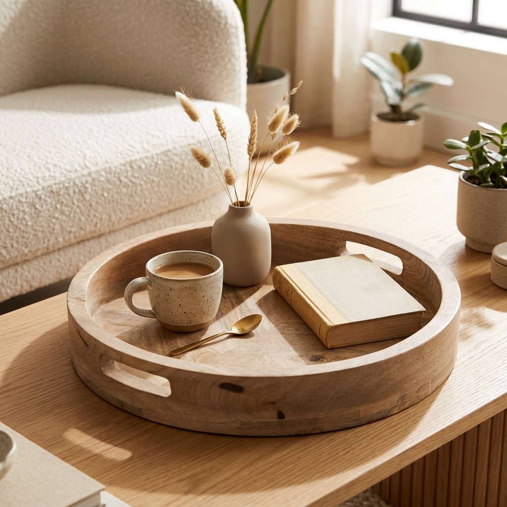 Lindbury Round 40cm Wooden Tray styled on a coffee table