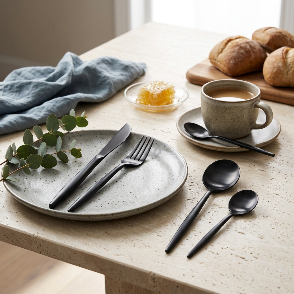Sevilla Curved Stainless Steel Cutlery Set in use