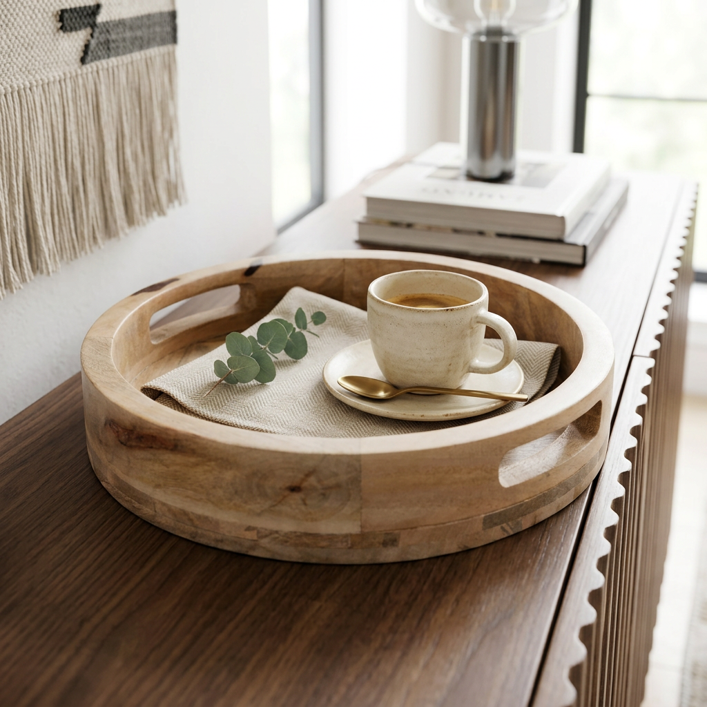 Halfield Round 30cm Wooden Tray in use