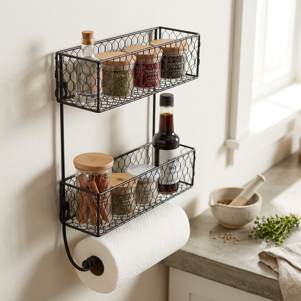 Calderwood Black Wall Spice Rack with Kitchen Roll Holder in use