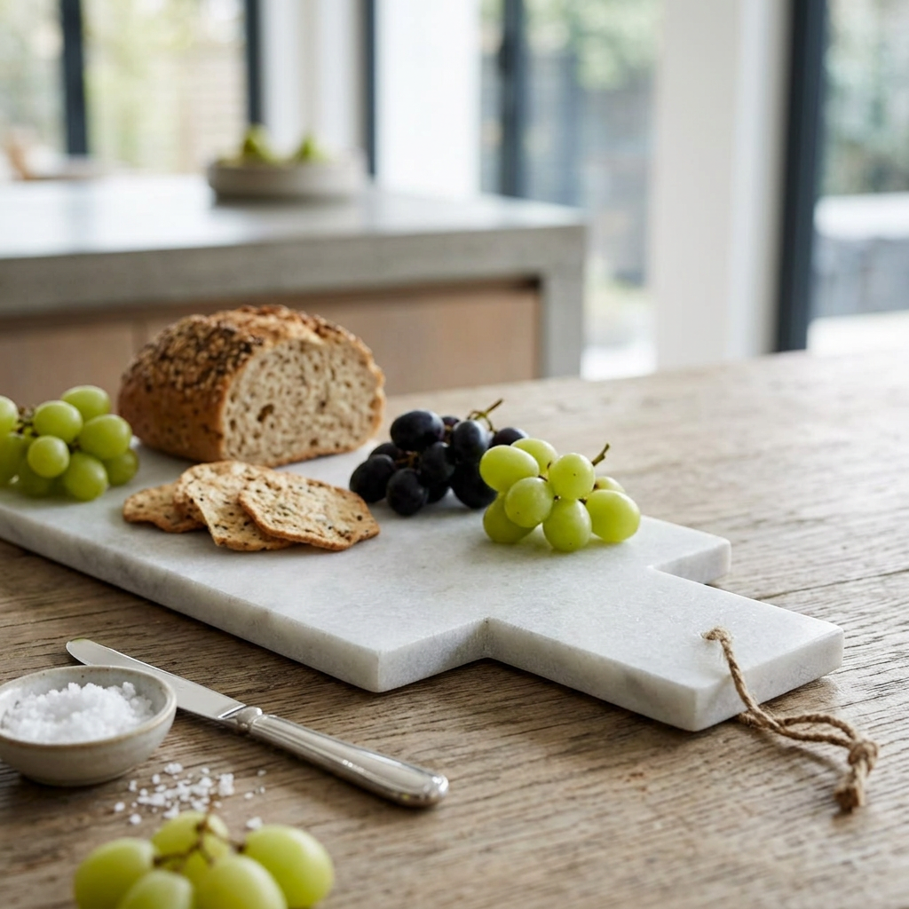 Ellstead White Marble Paddle Chopping and Serving Board in use