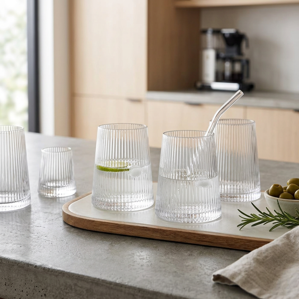 Hazelfield Set of 4 Ribbed Clear Glass Tumblers in use