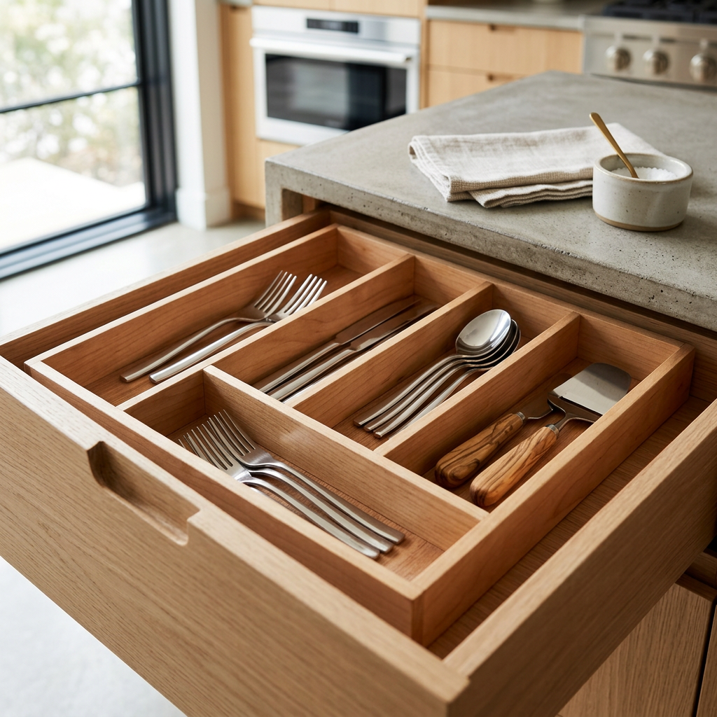 Oakwood Wooden 5-Compartment Cutlery Tray in use