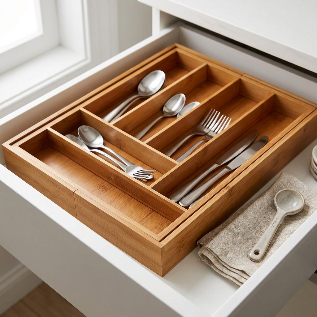 Fernmere Bamboo Rectangular Expandable Cutlery Tray in use