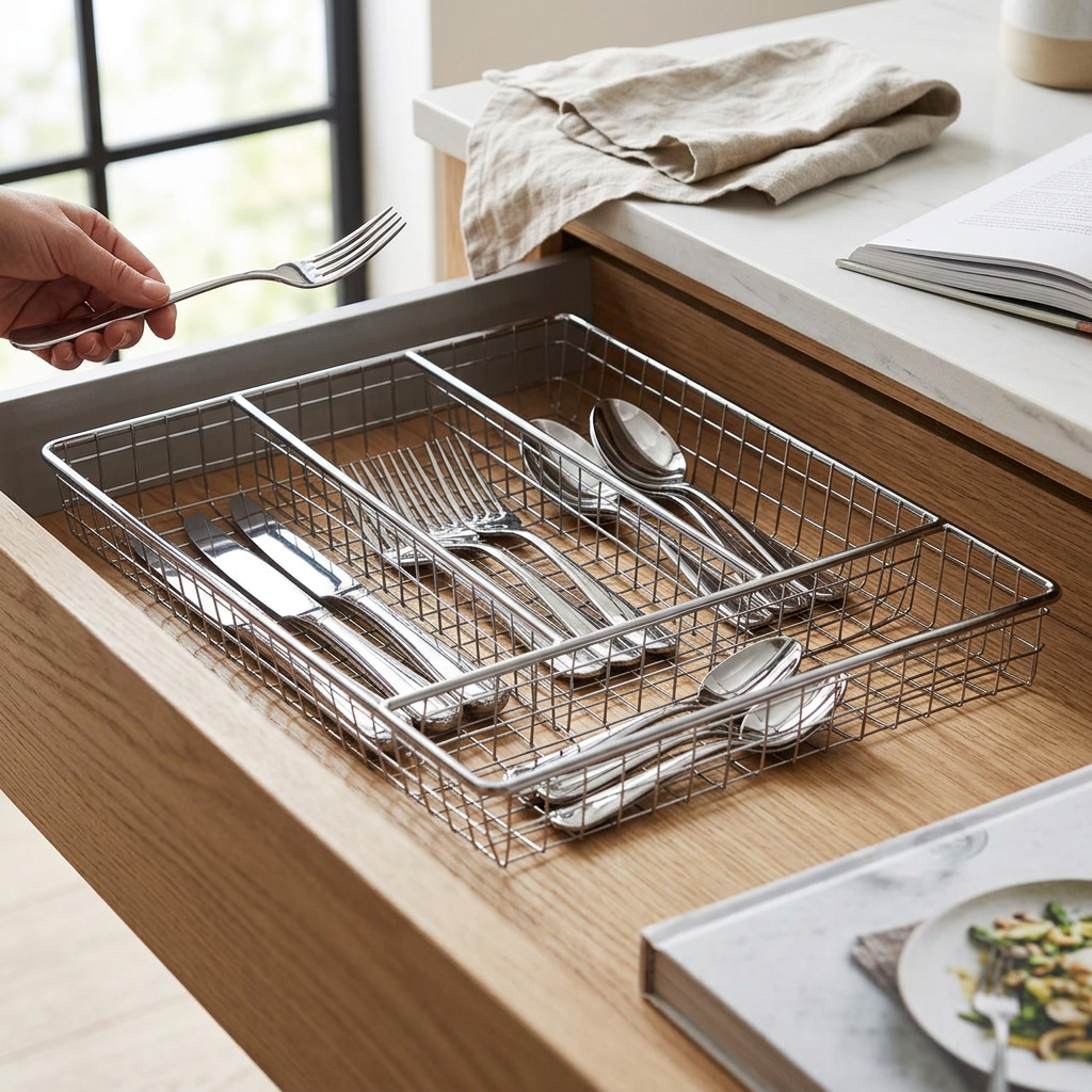 Halley Chrome Metal 4 Compartment Cutlery Tray in use
