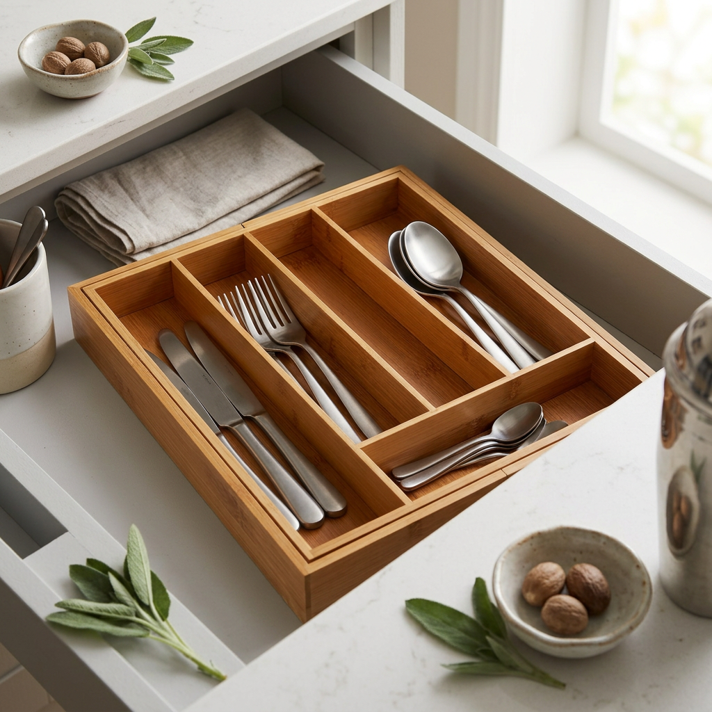 Bexstead Bamboo Expandable Small Cutlery Tray in use