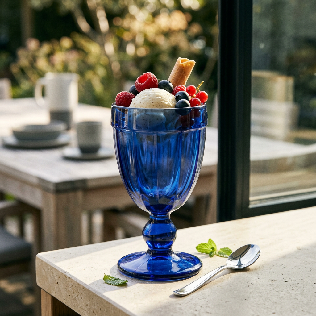 Caldermere Sundae Glass Goblet Blue in use