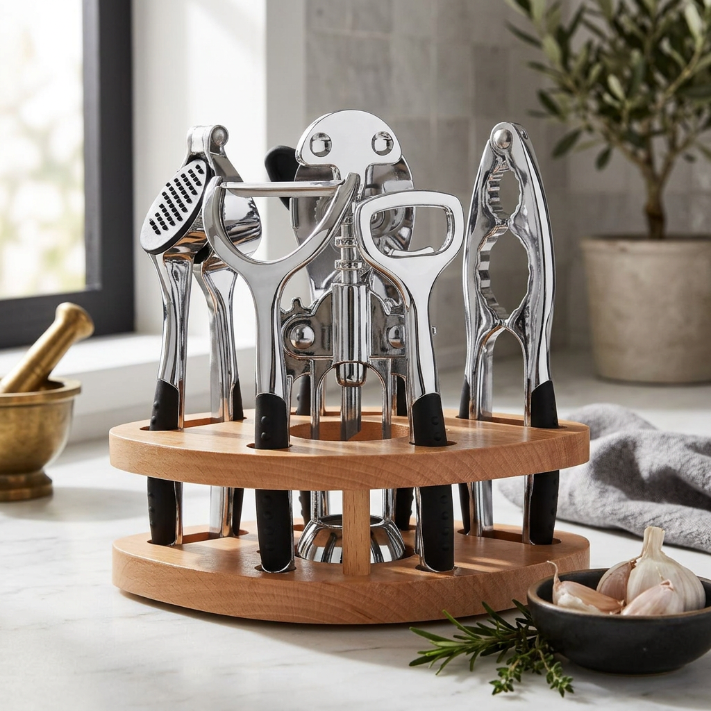 Rowfield 7-Piece Chrome Kitchen Gadget Set in use