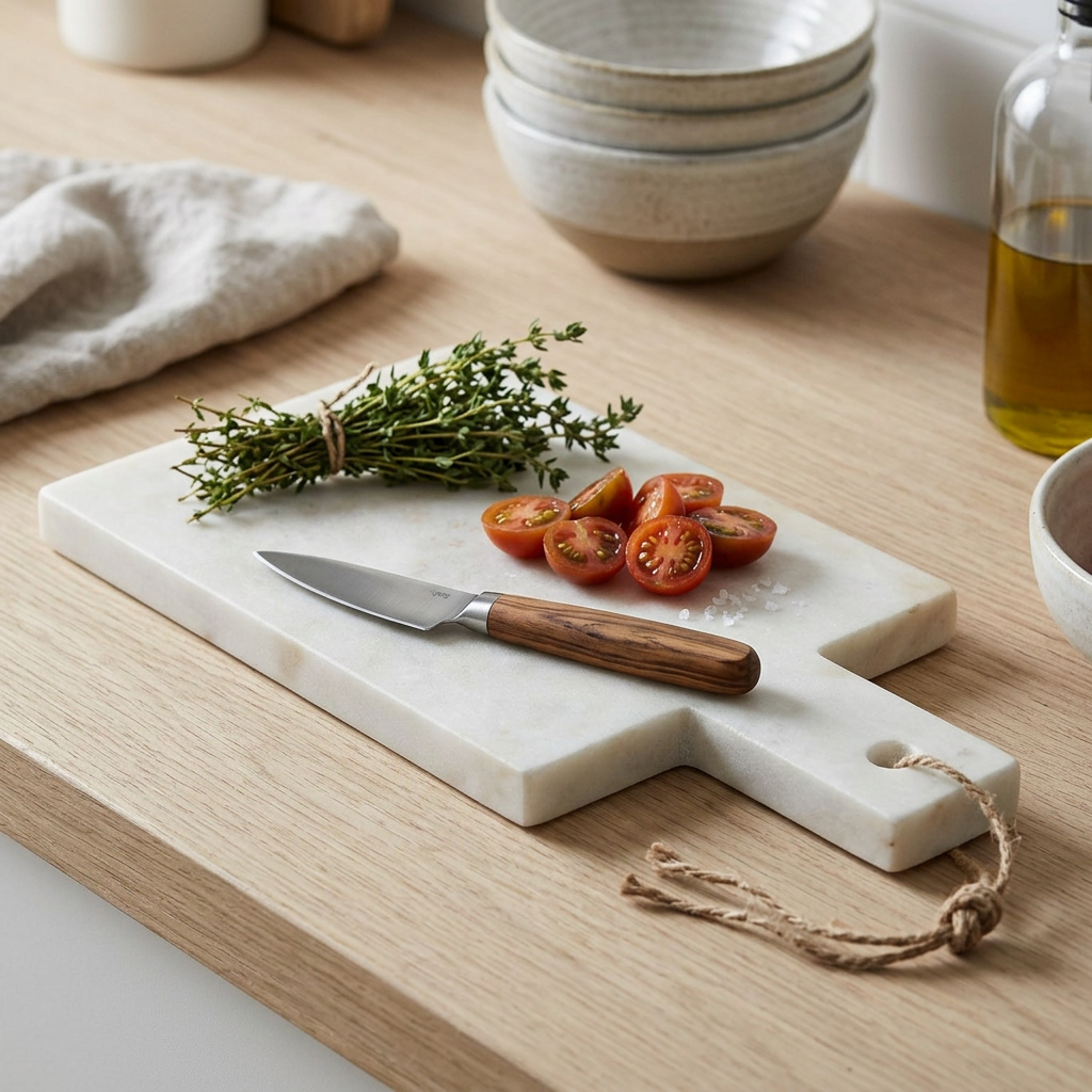 Alderley White and Grey Stone Marble Chopping Board in use