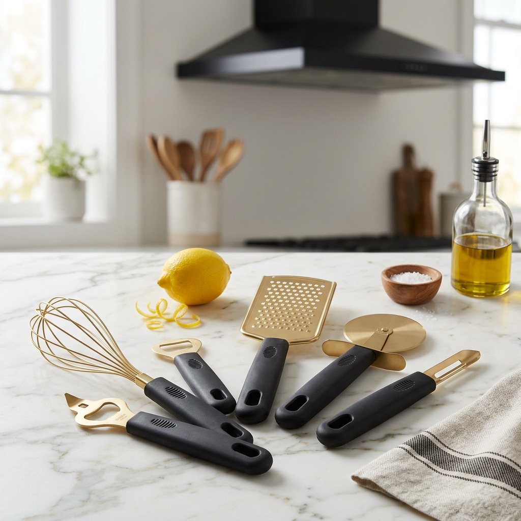 Brookcombe Light Gold and Black 5-Piece Kitchen Gadget Set in use