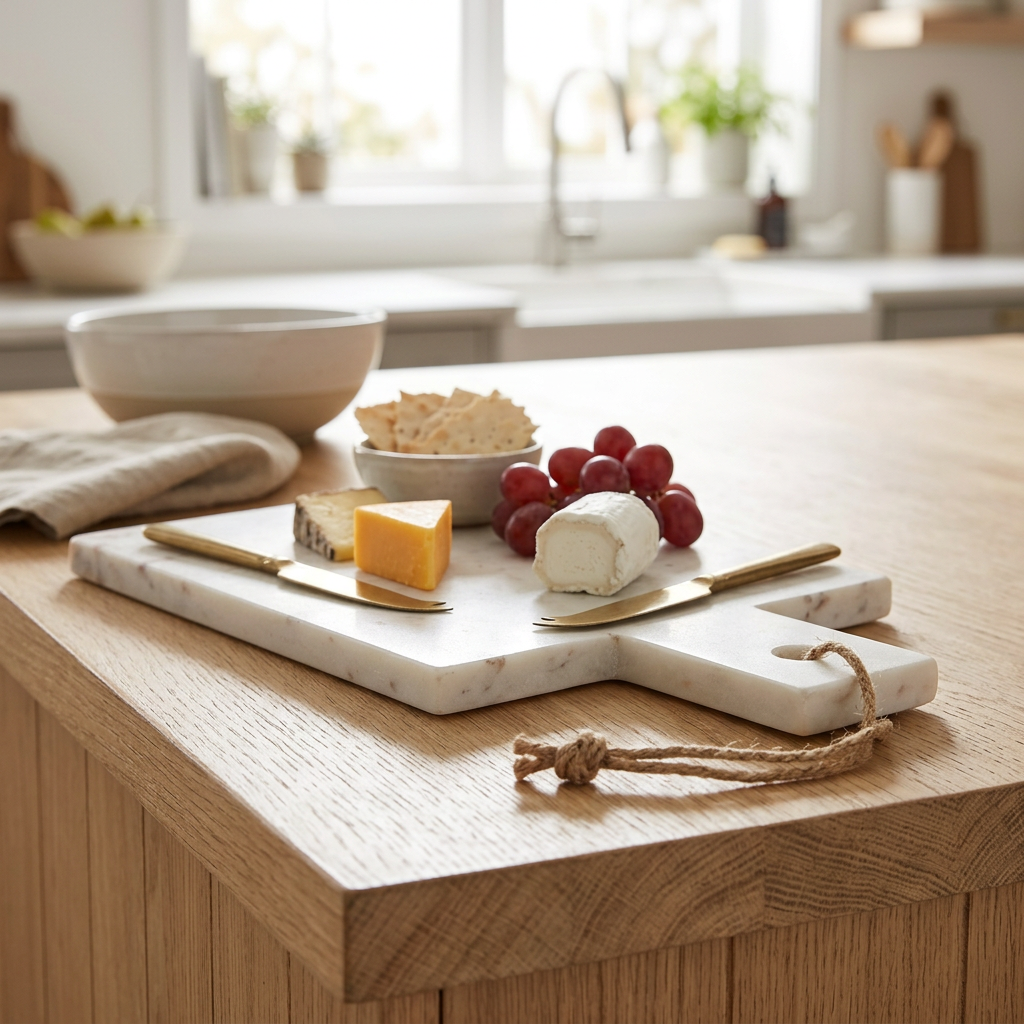Hazelmere White and Grey Marble Paddle Chopping Board in use