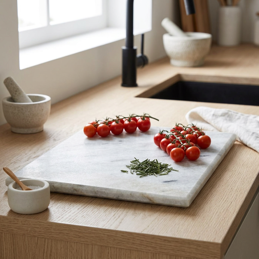 Hazelwood White Stone Marble Chopping Board Rectangular in use