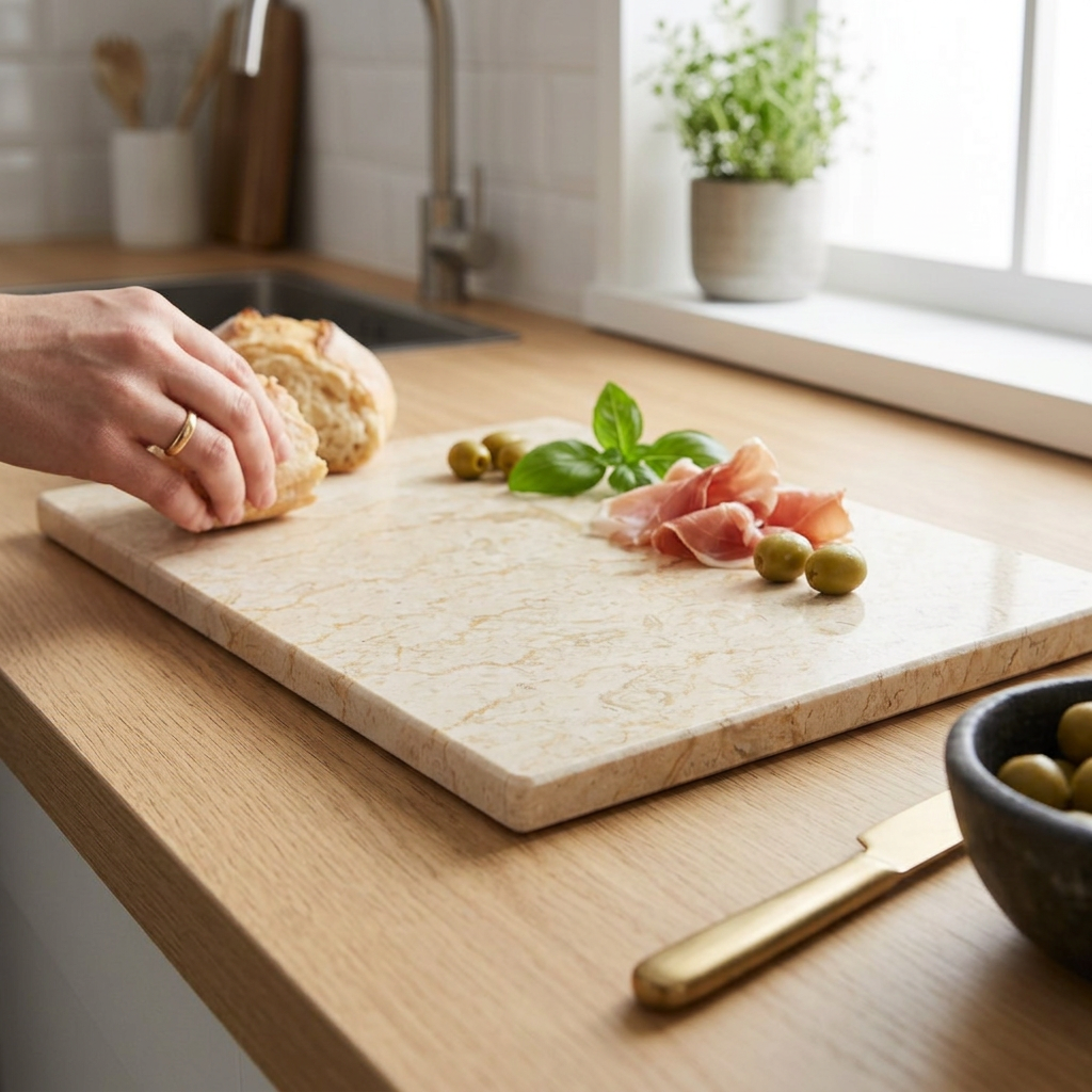 Kelford Champagne Stone Marble Chopping Board Rectangular in use
