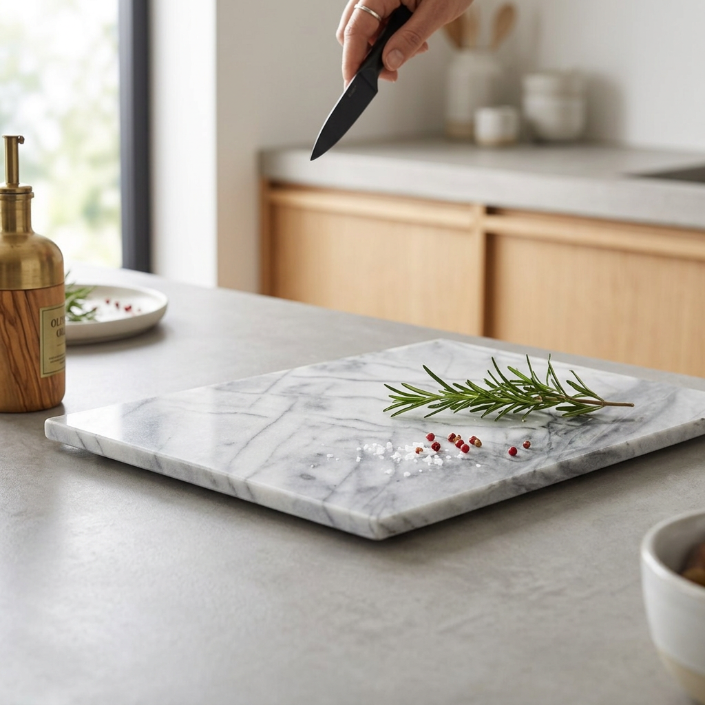Brookfield White Stone Marble Chopping Board Rectangular in use