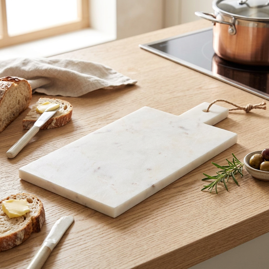 Lindcombe White and Grey Stone Marble Chopping Board in use