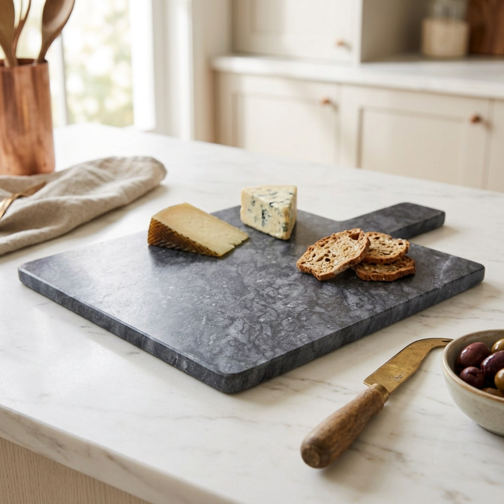 Stonewood Paddle-Shaped Black Marble Chopping Board in use