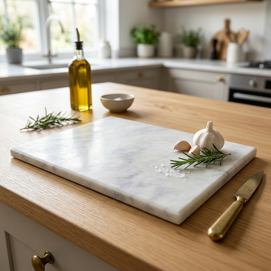Brookwood White Stone Marble Chopping Board in use