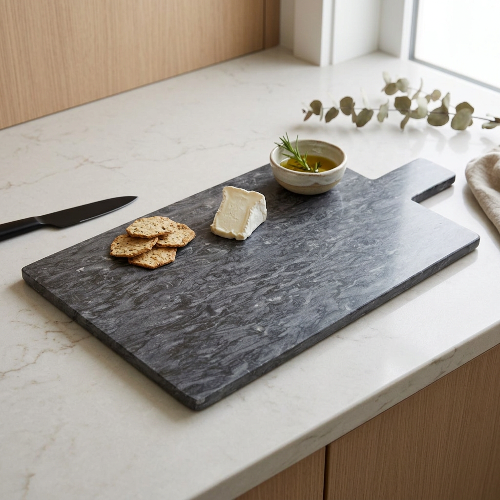 Ashley Paddle-Shaped Black Marble Chopping Board in use