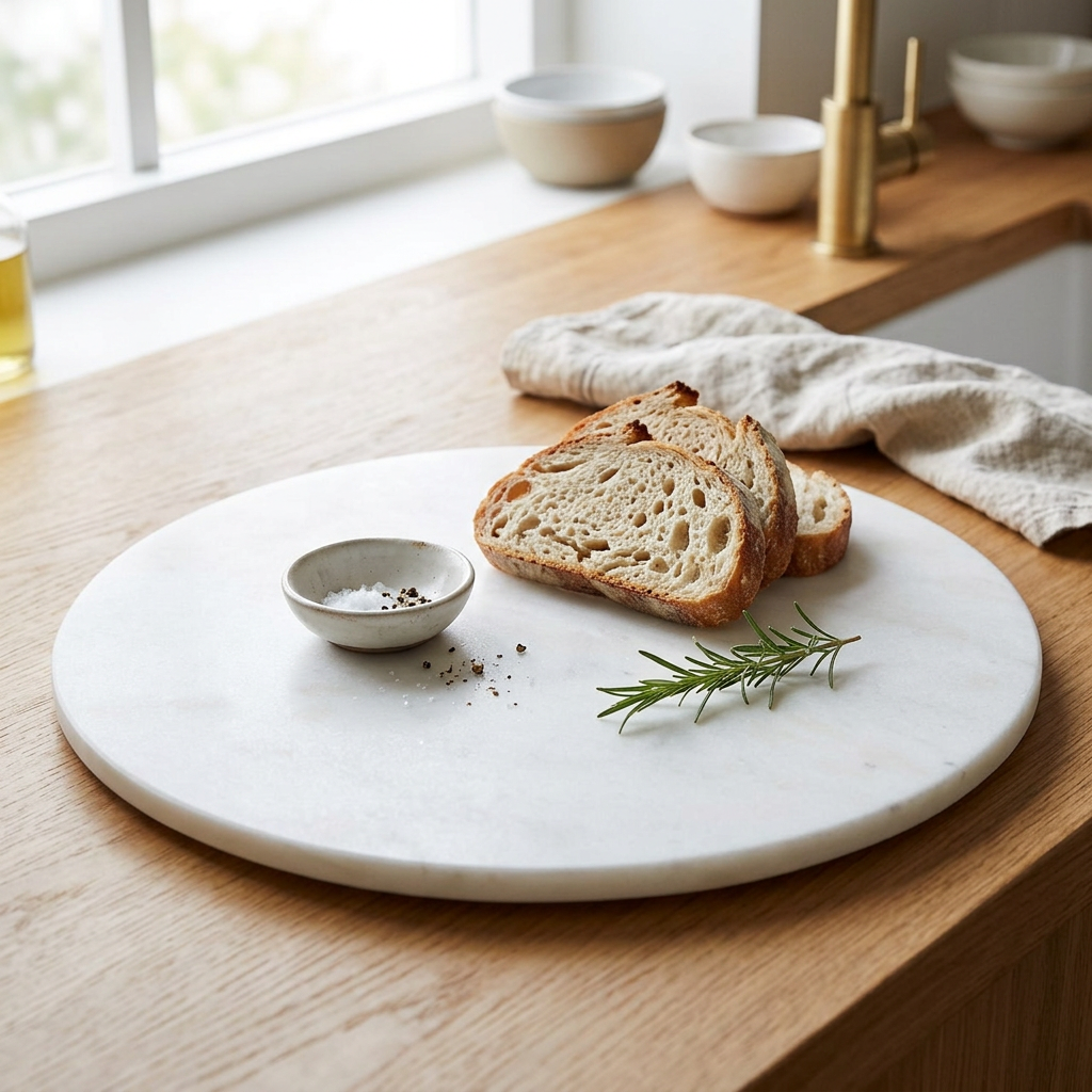 Winfield White Marble Round Chopping Board 30cm in use