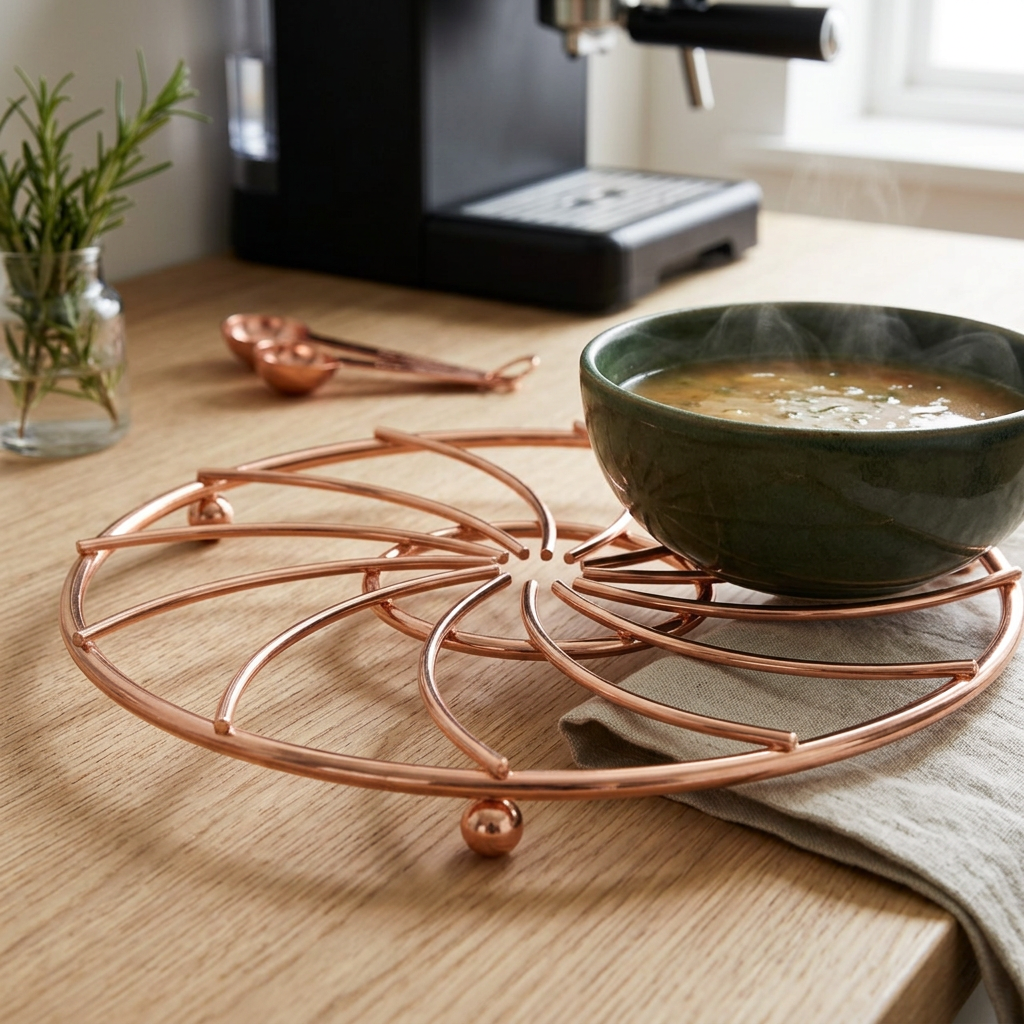 Fernbury Rose Gold Metal Wire Trivet in use