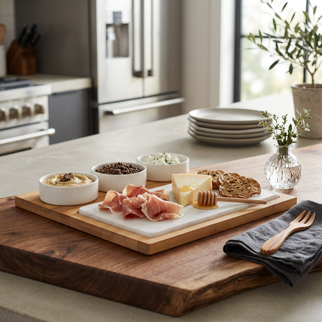 Stonestead Bamboo Wood White Marble and Ceramic 5PC Set in use