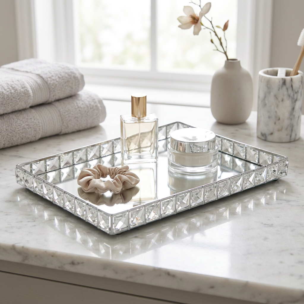 Fernwood Mirrored Rectangular Crystal Edged Tray in use