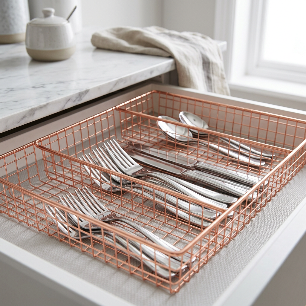 Halmere Copper Wire Cutlery Tray in use