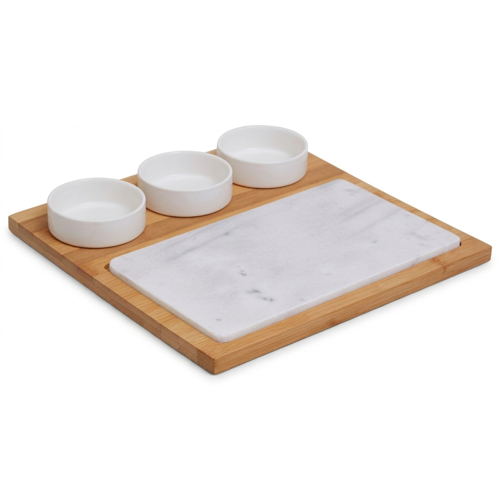 Stonestead Bamboo Wood White Marble and Ceramic 5PC Set