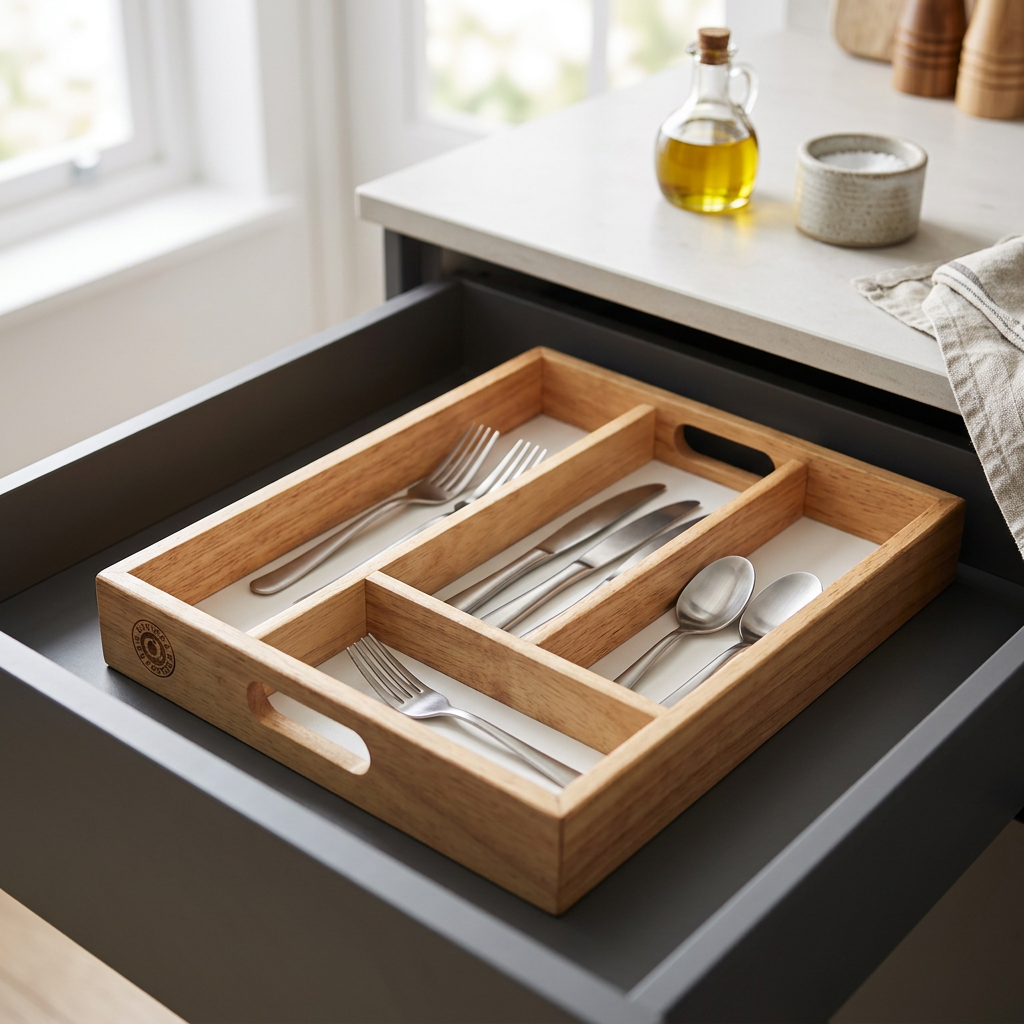 Alderwood Kitchen Organiser Cutlery Tray in use