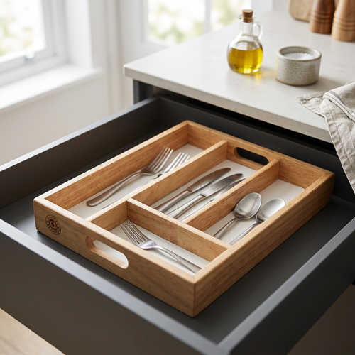 Alderwood Kitchen Organiser Cutlery Tray in use