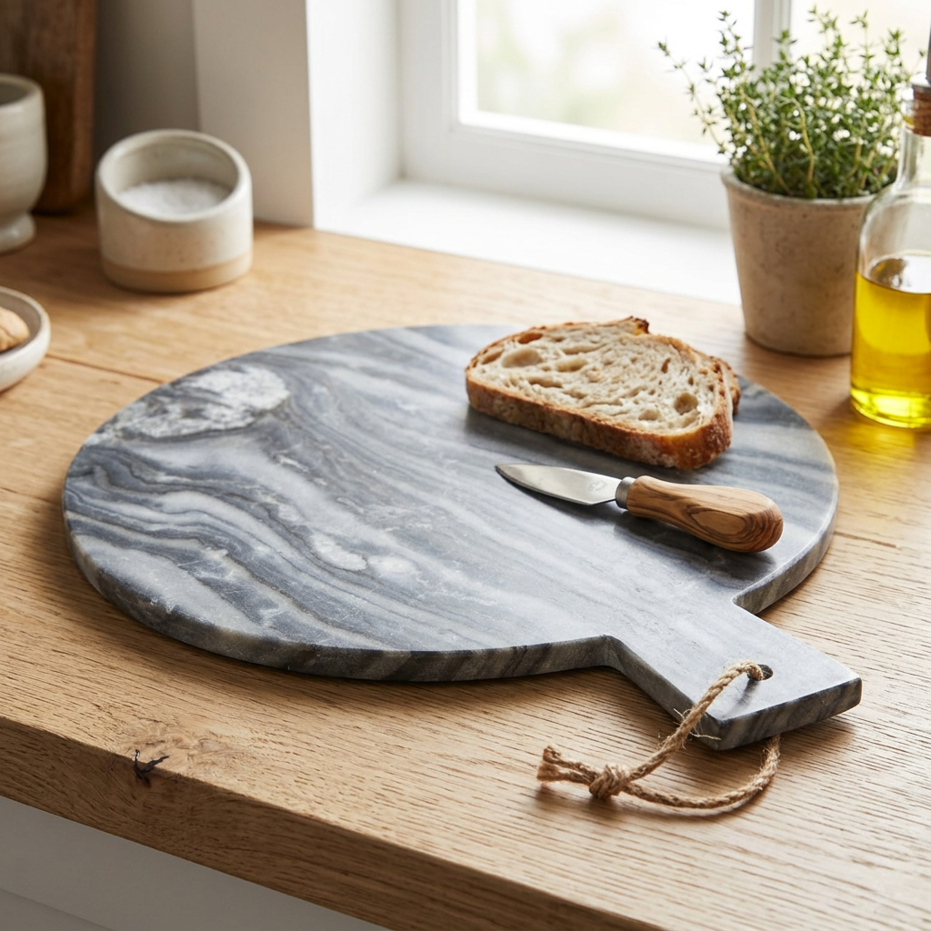Hazelford Grey Marble Paddle Serving Board Round in use