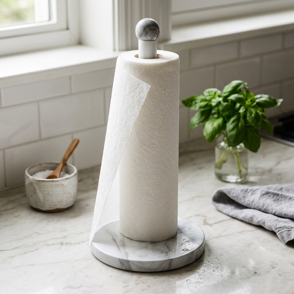 Bramford Grey Marble Effect Tall Kitchen Roll Holder in use