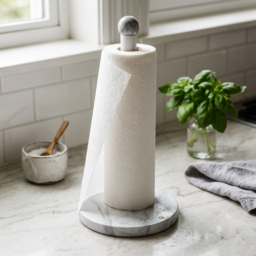 Bramford Grey Marble Effect Tall Kitchen Roll Holder in use