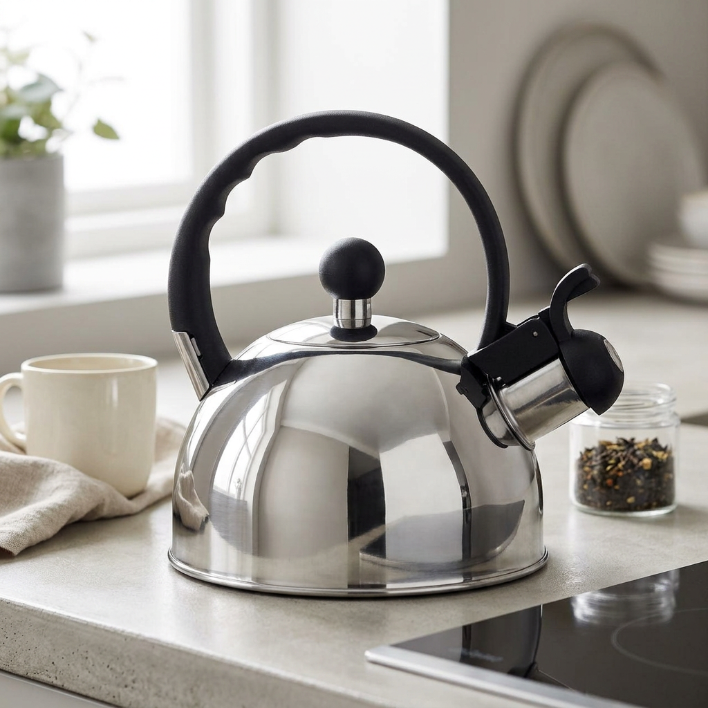 Alderfield Mirrored Stainless Steel Whistling Kettle in use