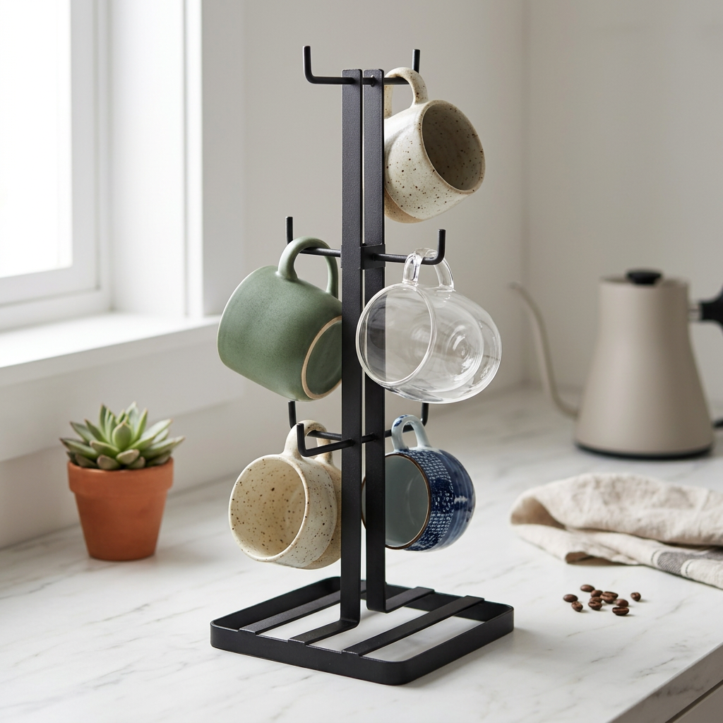 Norfield Flat Iron Mug Tree in use