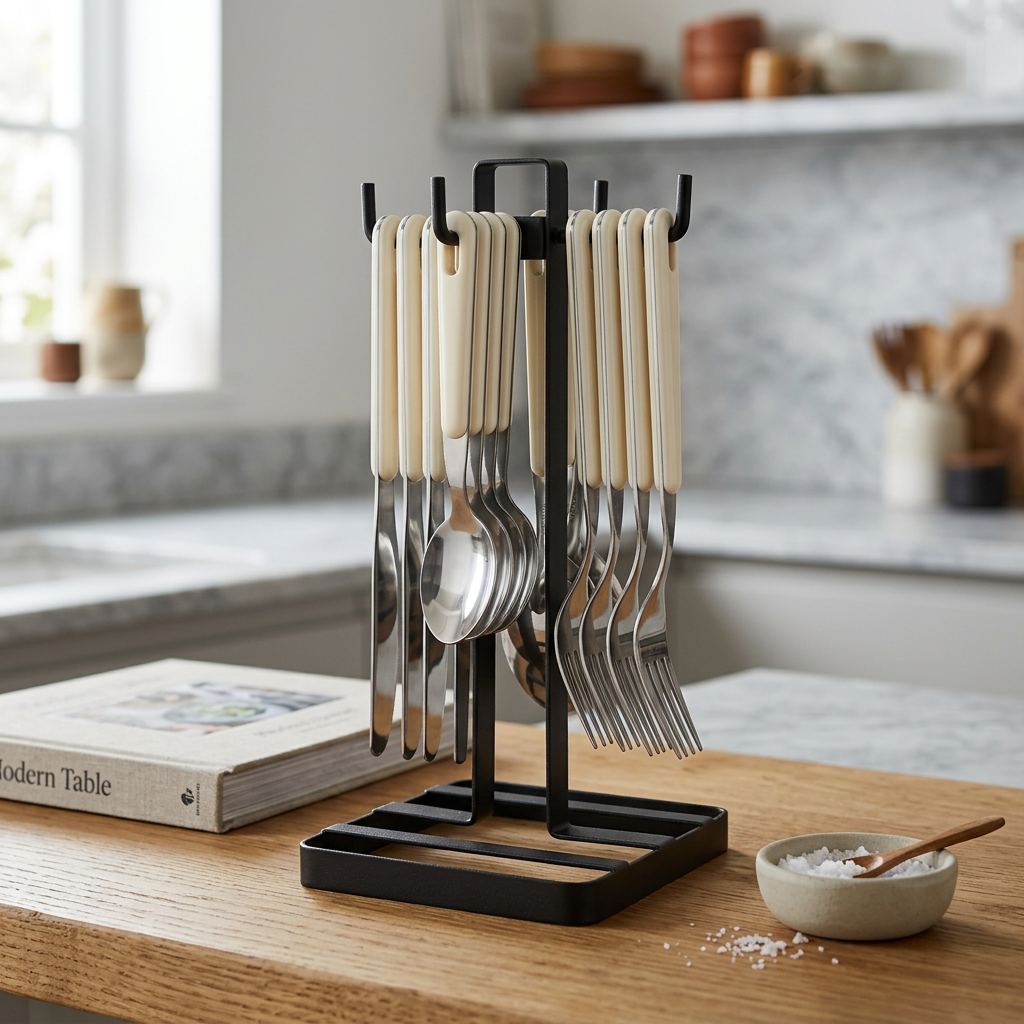 Oakmere Flat Iron 16-Piece Cutlery Set in use